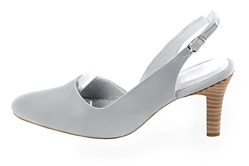 Pearl grey women's slingback shoes. Round toe. High kitten heels. Profile view - Florence KOOIJMAN